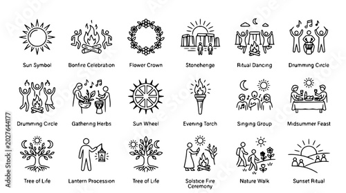 Foto Summer Solstice Rituals: Sun, Bonfire, Stonehenge, Dancing, Feasting, Nature Ico