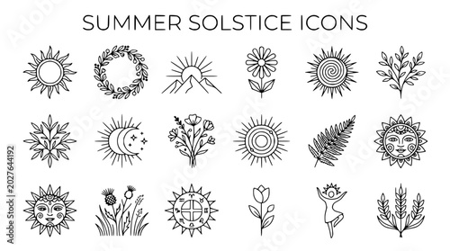 Tableau sur toile Summer Solstice Icons Collection: Sun, Moon, Flowers, Nature Elements, Boho Styl