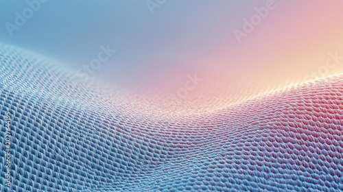 Abstract wavy mesh texture with a blue and pink gradient background, representing a digital landscape or network structure