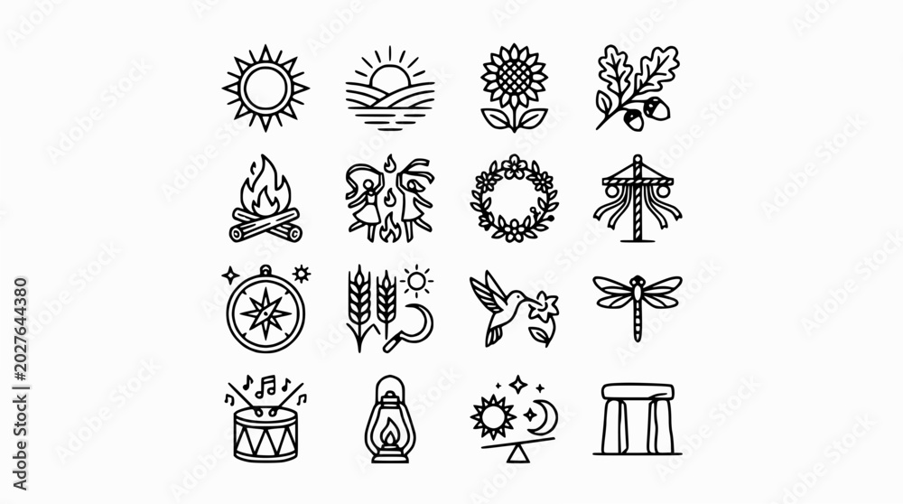 Fototapeta premium Summer Solstice Icons: Sun, Nature, Celebration, Pagan Symbols