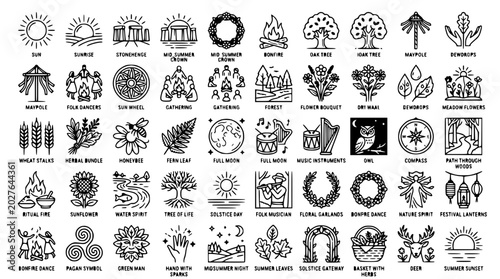 Cuadro en lienzo Pagan Symbols & Nature Icons: Solstice, Seasons, Rituals, Wreaths, Trees, Sun, M
