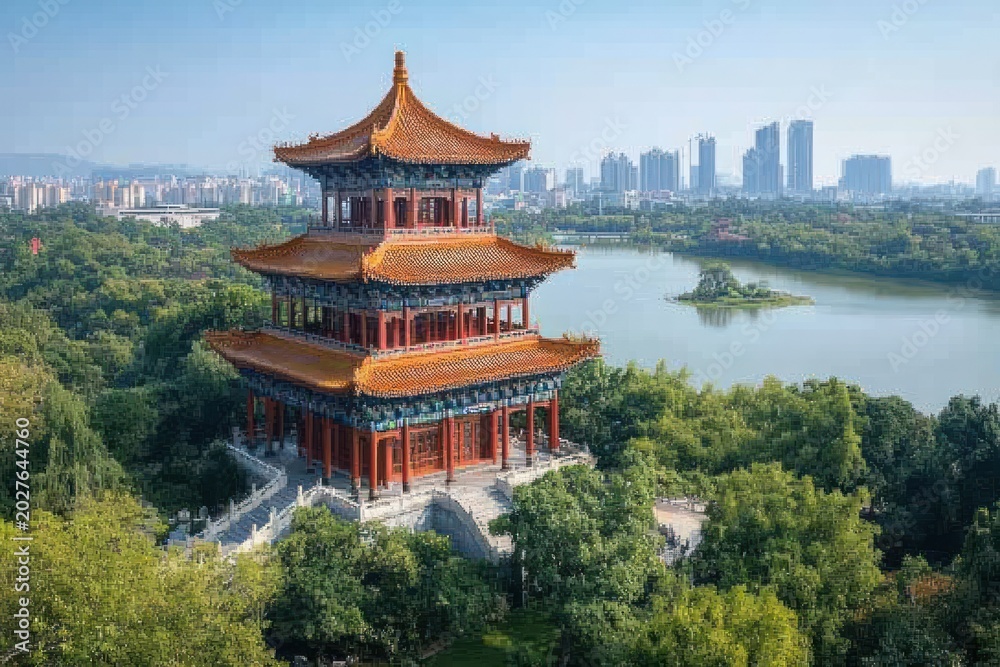 Fototapeta premium three-tiered traditional pagoda pavilion with orange tiled roofs and red columns rising above green trees beside a calm lake with a small island and distant modern city skyline, serene and majestic