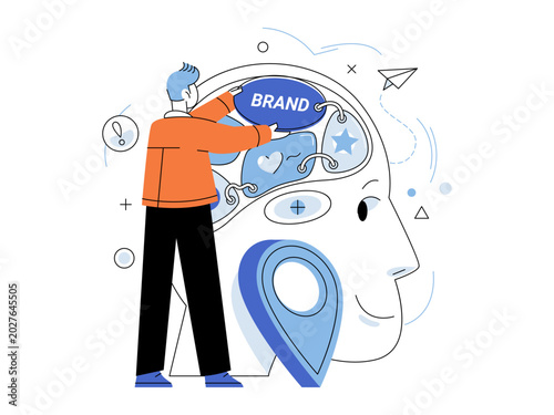 Man placing a brand tag into a human head profile vector illustration. Brand awareness, marketing strategy, consumer psychology, identity, advertising, growth. Person inserting label into mind