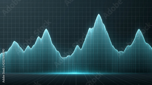 Digital abstract graph showing fluctuating financial data with glowing turquoise lines on a dark grid background
