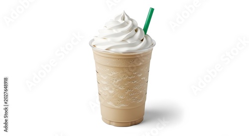 Iced coffee blended beverage with whipped cream and a green straw in a clear plastic cup, isolated on a white background.
