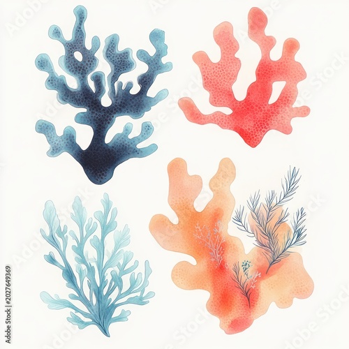 Four watercolor marine botanicals, dark blue branching coral, bright red coral, pale blue frond seaweed, peach orange coral with delicate feathery sprigs, calm serene mood