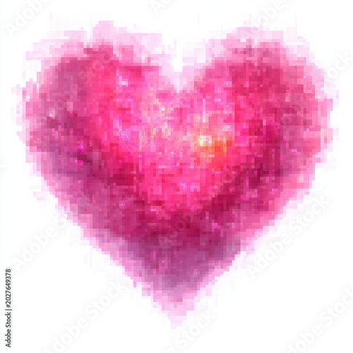 pixelated pink heart formed from glowing watercolor-like square blocks conveying warmth and tender affection