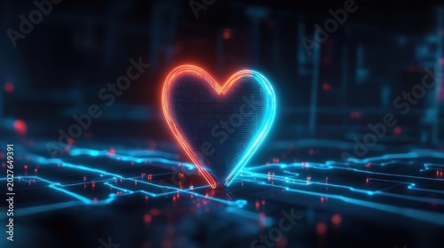 glowing neon holographic heart split red and blue above a luminous digital circuit grid, evoking futuristic romance and connection