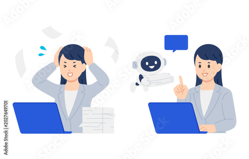 AI･チャットボットで書類整理を効率化するビジネスパーソン女性のセット【人物ベクターイラスト素材】