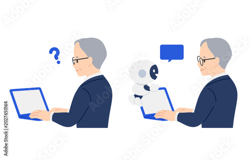 Tableau sur toile AI･チャットボットで疑問を解決するビジネスパーソン男性のセット【人物ベクターイラスト素材】