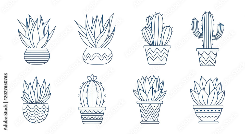 Fototapeta premium Collection of various potted cacti and succulents in a minimalist line art style.
