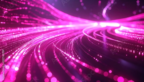 Vibrant Magenta Fiber Optic Light Trails Flowing Through Dark Digital Space