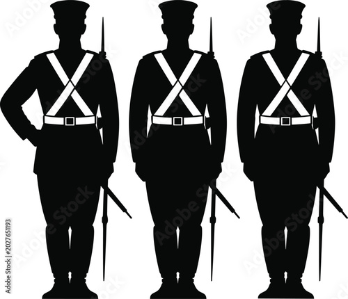 Three soldier silhouettes in uniform with rifles standing at attention black and white.