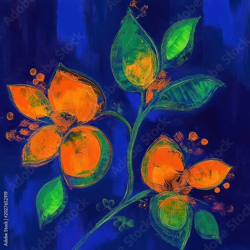 Vibrant orange blossoms and green leaves on deep blue textured background, bold lively floral painting with glowing brushstrokes