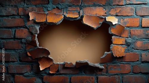 Jagged hole in weathered red brick wall revealing an empty brown interior with peeled mortar and scattered rubble, dramatic lighting conveying forceful impact and tension