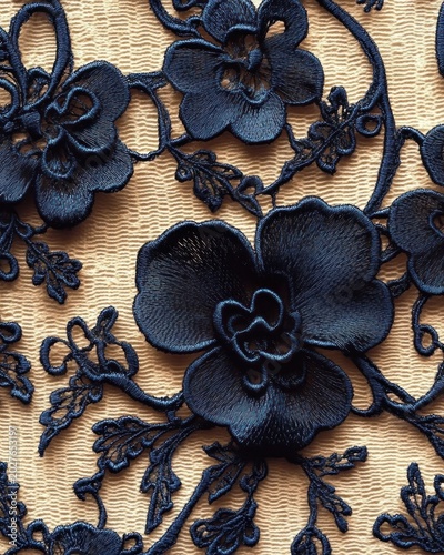close-up of navy blue embroidered floral lace appliqué on textured beige fabric, elegant ornate petals and tactile stitching