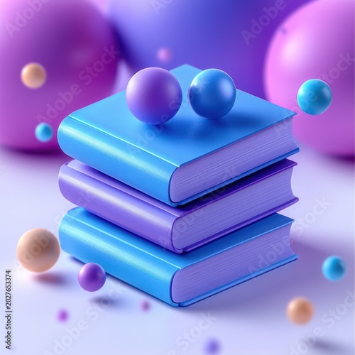 three glossy blue and purple books stacked amid floating colorful spheres in a dreamy whimsical pastel gradient scene