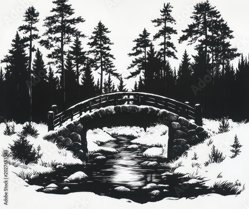 Serene monochrome scene of a stone arched footbridge with wooden railing over a reflective stream, rocky and grassy banks, surrounded by tall evergreen pines