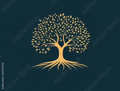 golden stylized tree with abundant leaves and visible roots on a deep teal background, elegant and peaceful