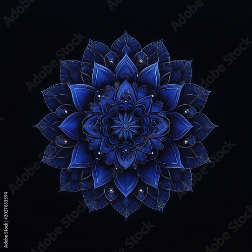Intricate blue lotus mandala with layered petals and dewdrops on a dark background, serene and meditative