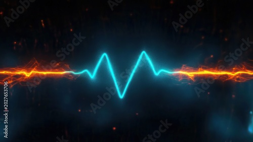 Glowing blue heartbeat waveform with jagged neon peaks flanked by crackling orange electric streaks on a dark background, conveying intense futuristic energy