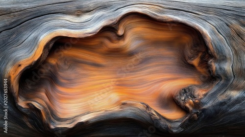 glowing hollow in weathered driftwood with swirling grain, warm amber core and smooth organic curves evoking calm and wonder