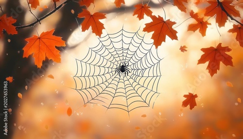 delicate spider on a central spiderweb among drifting orange maple leaves in warm golden autumn light, creating a tranquil and slightly eerie seasonal scene