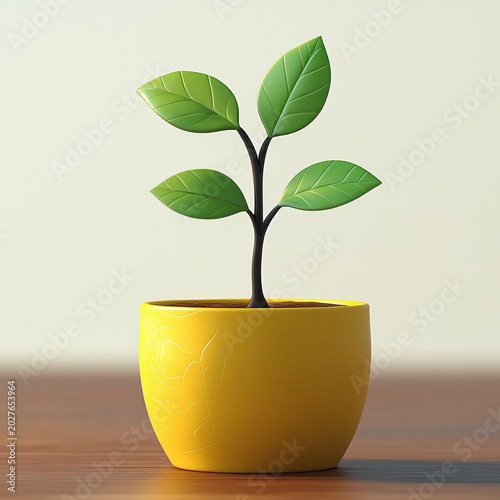 small green seedling with four glossy leaves in a cracked yellow pot on a wooden tabletop against a soft neutral background conveying calm optimism