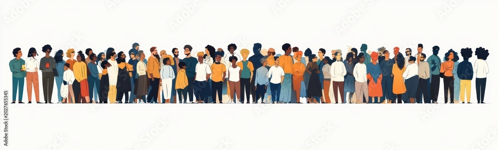 Fototapeta premium Long panoramic illustration of a diverse crowd of people — men, women and children with varied skin tones, ages, hairstyles and colorful casual clothing standing together, friendly and connected
