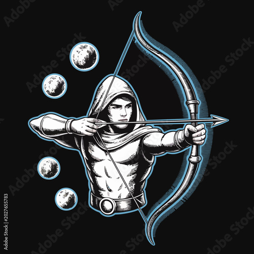 Hooded archer aiming bow and arrow.