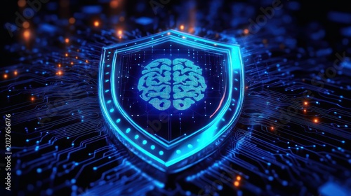 glowing blue shield with a digital brain icon hovering over a circuit board, surrounded by orange sparks, conveying cybersecurity protection and vigilant futuristic confidence
