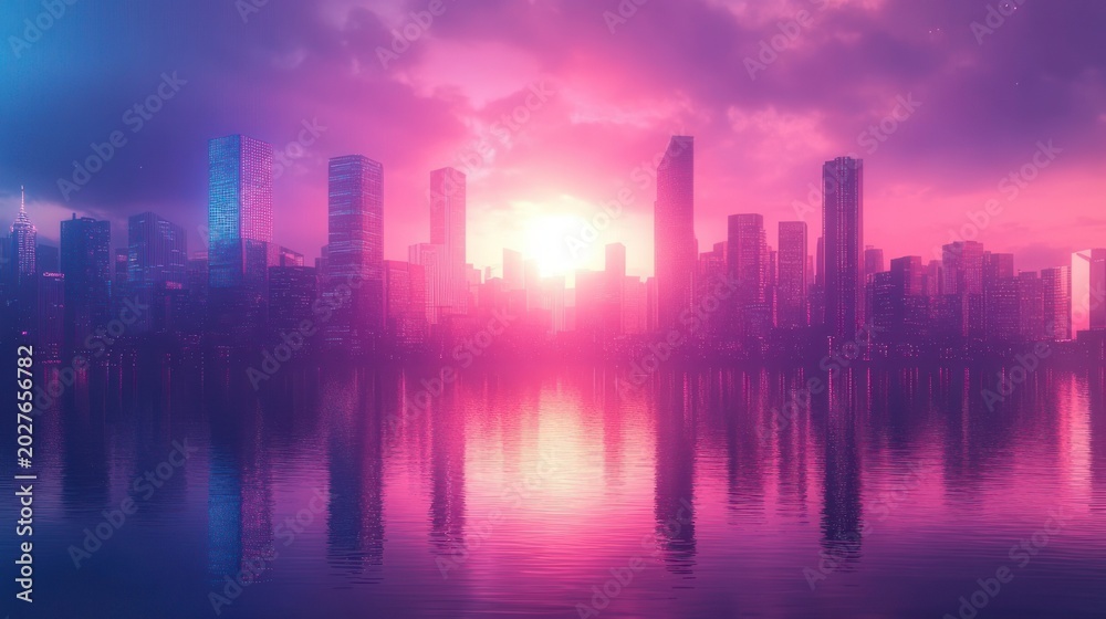Fototapeta premium Neon pink city skyline at sunrise reflected on calm water, glowing sun and clouds, dreamy tranquil futuristic atmosphere