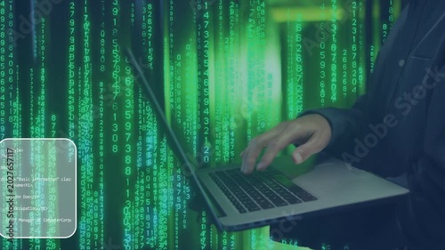 Green rain intensifying, developer typing on laptop as code panels sliding in to debug HTML