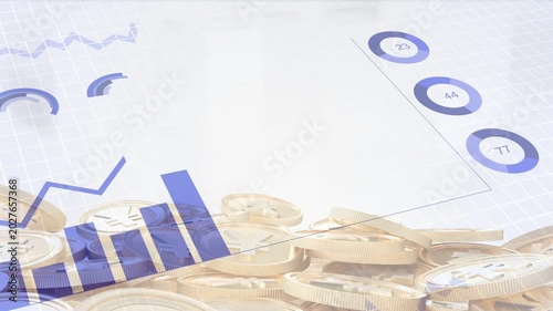 Small blue fragments appearing above coin pile, layered charts animating, showing financial growth