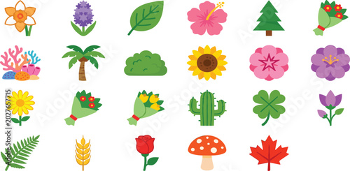 Schilderij op canvas Beautiful Nature and Plant Icon Set Featuring Colorful Flowers Bouquets Leaves T