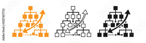 Hierarchical data flow diagrams orange gray and black versions for business and technology concepts