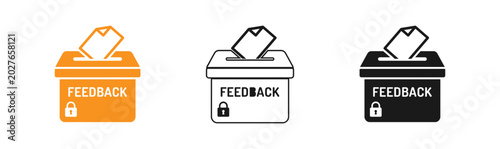 Feedback box icon set orange outline and solid black variations for user input and reviews