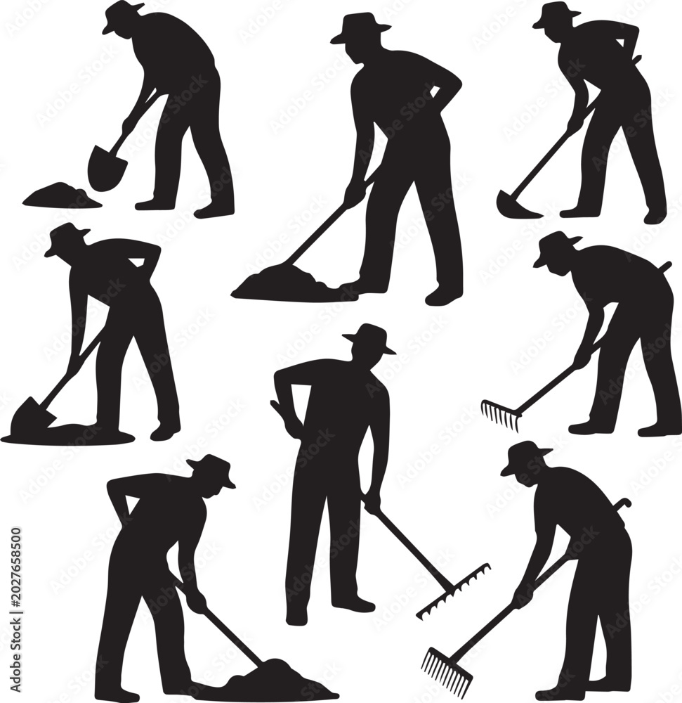 Naklejka premium Silhouettes of gardeners working with tools in various poses Vector