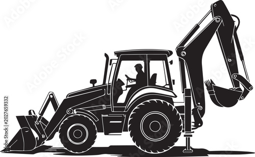 Backhoe loader in operation with operator inside Vector