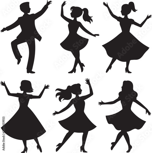 Silhouettes of people dancing in various poses Vector