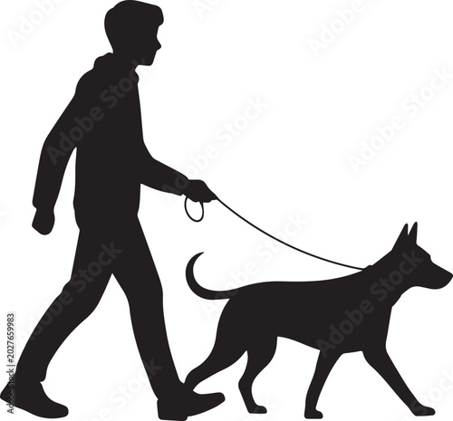 Silhouette of a man walking a dog on a leash Vector