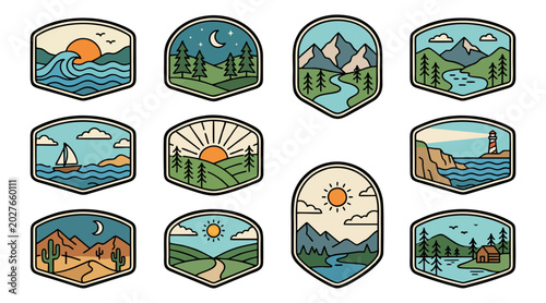 Set of twelve outdoor adventure badges featuring various nature scenes including mountains forests rivers oceans and desert landscape vector illustrations