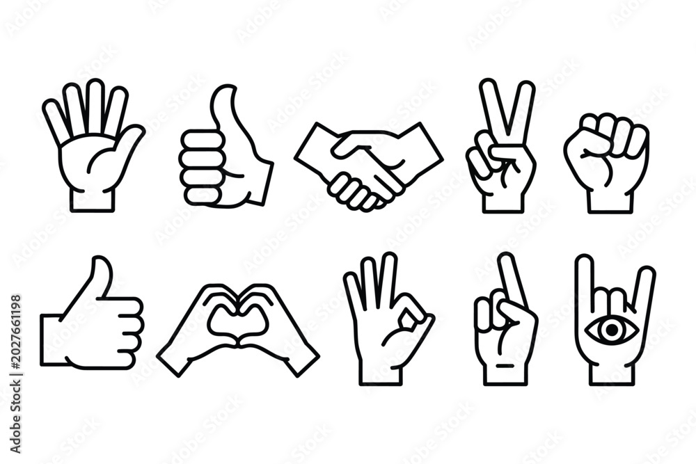 Fototapeta premium outline hand gesture icons representing human communication symbols approval peace love agreement in clean minimalist line art vector style