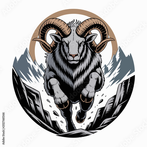 Billede på lærred Ram with large curved horns jumping.