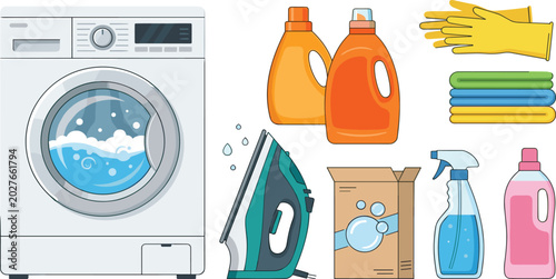 Photos Laundry Chores and Housekeeping Supplies Set with Washing Machine Electric Iron