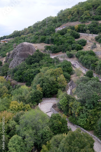 view from above of a winding mountain road, Meteora, Greece