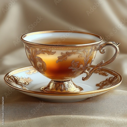 ornate gilded porcelain teacup and saucer filled with warm tea on soft satin, elegant and serene still life