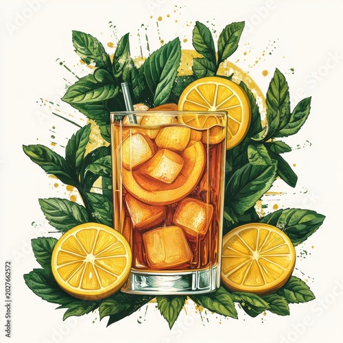 glass of iced amber beverage with large ice cubes, lemon slices, fresh mint leaves and straw, vibrant refreshing summer drink