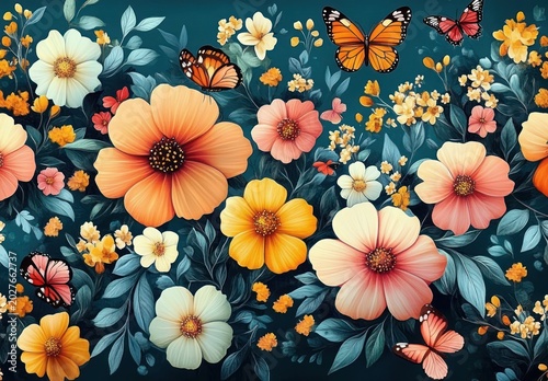 vibrant floral composition with large peach, yellow, and cream blossoms, teal foliage and fluttering orange and pink butterflies conveying a whimsical, cheerful, serene garden mood
