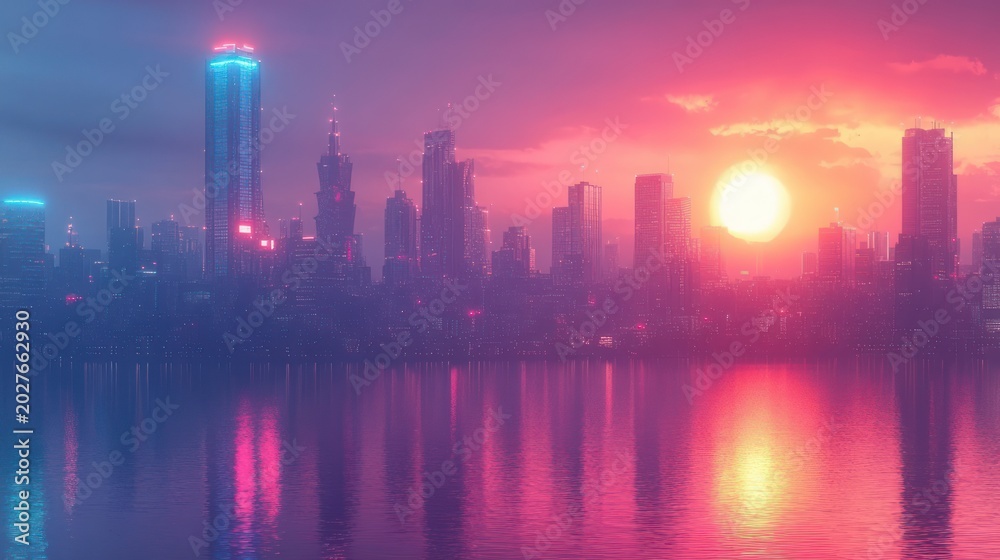 Fototapeta premium futuristic neon city skyline at sunset over calm reflective water with glowing skyscrapers and warm pink-purple sky, serene dreamy atmosphere